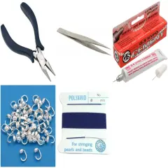 Bead Tip Kit - Pliers, Tweezers, Cement, 50 Bead Tips & Dark Blue Bead Cord #6