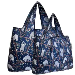 Wrapables Large & Small Foldable Tote Nylon Reusable Grocery Bags, Set of 2 Sloths