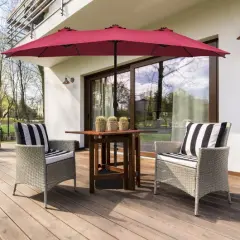 15 Ft Solar Led Patio Double-sided Umbrella Market Umbrella With Weight Base Red