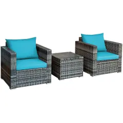 3 Pcs Patio Rattan Furniture Bistro Sofa Set with Cushioned Turquoise