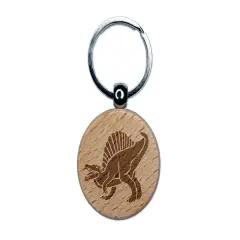 Spinosaurus Dinosaur Engraved Wood Round Keychain Tag Charm