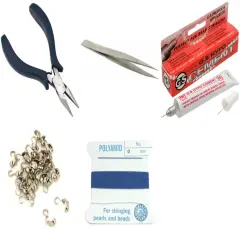 Bead Tip Kit - Pliers, Tweezers, Cement, 30 Bead Tips & Blue Bead Cord #6