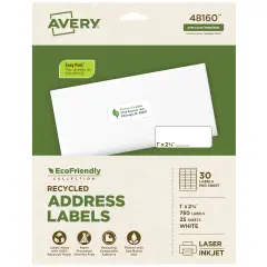 Avery EcoFriendly Recycled Address Labels, 1" x 2-5/8", White, Permanent Label Adhesive, 750 Printable Labels (48160)