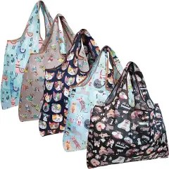 Wrapables Large Foldable Tote Nylon Reusable Grocery Bags, 5 Pack Cats, Dog, Llamas