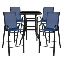 Emma and Oliver 5 Piece Outdoor Bar Height Set-Glass Patio Bar Table-All-Weather Barstools Navy