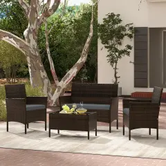 4 Piece Patio Rattan Conversation Set With Cozy Seat Cushions Grey
