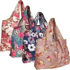 Wrapables Large Foldable Tote Nylon Reusable Grocery Bags, 4 Pack Lovely Floral