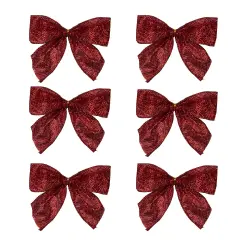 Northlight Glittered 2-Loop Christmas Bow Decorations - 5.5" - Red - Pack of 6