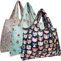 Wrapables Large Foldable Tote Nylon Reusable Grocery Bag, 3 Pack Summer Animals