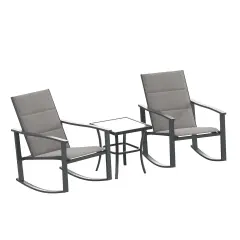 Merrick Lane Brevyn 3 Piece Outdoor Bistro Set with Flex Comfort Rocking Chairs and Steel Framed Glass Top Table Gray