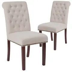 Emma and Oliver 2 PK Upholstered Rolled Back Parson's Chair with Nailhead Trim & Finished Frame with Plastic Floor Glides Beige Fabric