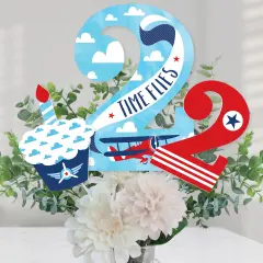 Big Dot of Happiness 2nd Birthday Taking Flight - Airplane - Vintage Plane Second Birthday Party Centerpiece Sticks - Table Toppers - Set of 15