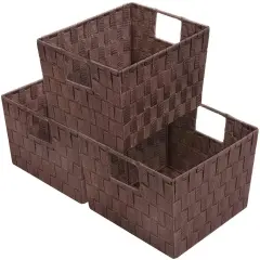 Sorbus Woven Basket Bin Set - Shelf Storage Tote Baskets for Household Items - Stackable with Woven Straps and built-in Carry Handles (3 Pack) Chocolate