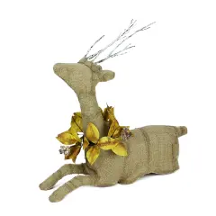 Gallerie II 20" Rustic Burlap Reindeer Wearing Amber Leaves and Berries Decorative Sitting Christmas Figure