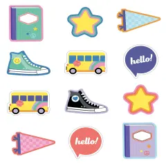 Carson Dellosa We Stick Together 36-Piece Retro Back to School Decorations, Bus, Stars, Notebooks, and More Groovy Cutouts for Bulletin Board and Classroom Decor