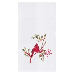 Holiday Winter Themed Single Red Cardinal Embroidered Sitting on Red Berry Tree Flour Sack Dish towel 27L x 18W in.