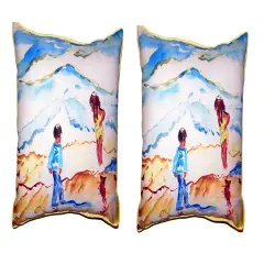 Pair Of Betsy Drake Wading at the Beach Small Outdoor/Indoor Pillows 11 X 14