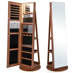 360 Degree Full Length Mirror Jewelry Armoire Cabinet with 3-Color LED Lights and Lockable Door Dark Brown