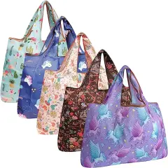 Wrapables Large Foldable Tote Nylon Reusable Grocery Bags, 5 Pack Mythical Paradise