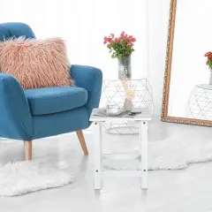 15 Inch Patio Square Wooden Slat End Side Coffee Table for Garden White