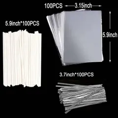 100 Pieces Silver Lollipop Cake Pop Treat Bag Set Including Parcel Bags, 100pcs Papery Treat Sticks, 100pcs Colorful Metallic Twist Ties for Making Lollipops, Cake Pops, Candies, Chocolates and Cookies
