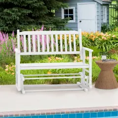 2 Seats Outdoor Glider Bench With Armrests And Slatted Seat-White