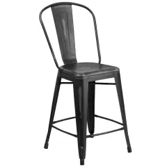 Merrick Lane Sabine Metal Indoor-Outdoor Counter Stool with Vertical Slat Back and Integrated Footrest Black
