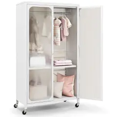 Costway Storage Wardrobe Cabinet Mobile Armoire Closet with Hanging Rod & Adjustable Shelf