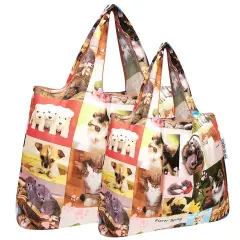 Wrapables Large & Small Foldable Tote Nylon Reusable Grocery Bags, Set of 2 Cats & Dogs