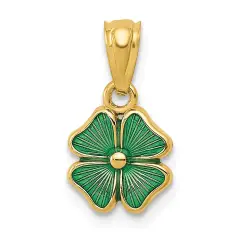 14K Yellow Gold Green Enameled Four Leaf Clover Pendant Jewerly 15.8mm x 8.2mm