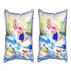 Pair of Betsy Drake Boy & Fish Large Indoor/Outdoor Pillows 12 X 12