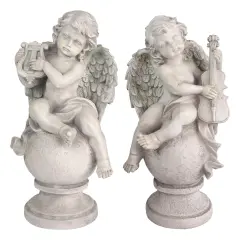 Northlight Set of 2 Cherub Angels with Violin and Harp on Finials Outdoor Garden Statues 15.25" Gray
