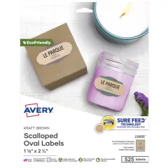 Avery Kraft Brown Scalloped Oval Labels with Sure Feed Technology, 1-1/8" x 2-1/4", Print to the Edge, Laser/Inkjet Printable Labels, 525 Total (22855)