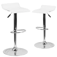 Emma and Oliver 2 Pack Contemporary Vinyl Adjustable Height Barstool with Solid Wave Seat and Chrome Base White