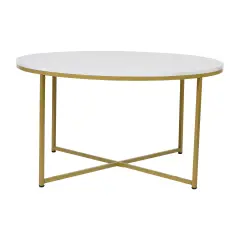 Merrick Lane Fairdale Coffee Table with Round Cross Brace Frame WhiteMar/BrushGold