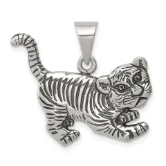 Sterling Silver Antiqued Tiger Charm Pendant Jewelry 23mm x 26mm