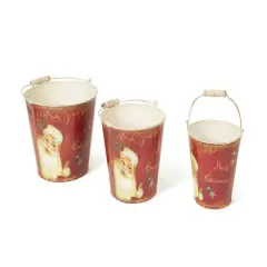 CC Christmas Decor Set of 3 Retro Santa Claus Tall Vintage Style Decorative Christmas Buckets Red