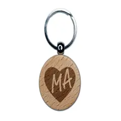 MA Massachusetts State in Heart Engraved Wood Round Keychain Tag Charm