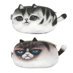 Wrapables Cat Face Cosmetic Pouch Pencil Case (Set of 2) Sad Grumpy