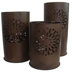 Sterling Set of 3 Distressed Floral Metal Tea Light Candle Lantern Holders 8" - 12" Brown