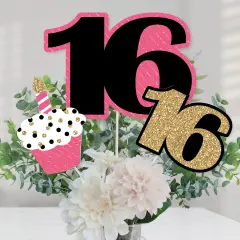 Big Dot of Happiness Chic 16th Birthday - Pink, Black and Gold - Birthday Party Centerpiece Sticks - Table Toppers - Set of 15