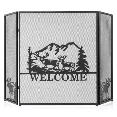 Costway 52 x 31 In Fireplace Screen 3-Panel Spark Guard with Natural Scenery, Moose Pattern