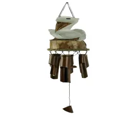 White Hand Carved Wood Coastal Perched Pelican Wind Chime for Garden Yard Patio