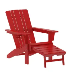 Merrick Lane Ridley HDPE Adirondack Chair with Cup Holder and Pull Out Ottoman, All-Weather HDPE Indoor/Outdoor Lounge Chair Red