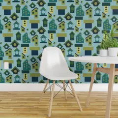 Peel & Stick Wallpaper 2FT Wide Birdhouse Colorful Cheerful Gardening Birding Teal Blue Green Custom Removable Wallpaper by Spoonflower