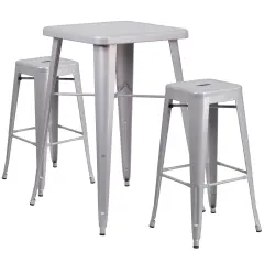 Emma and Oliver Commercial Grade 23.75" Square Metal Indoor-Outdoor Bar Set & 2 Backless Stools Silver