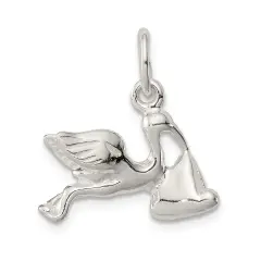 Sterling Silver Stork W/ Baby Charm Jewelry Pendant 23mm x 18mm