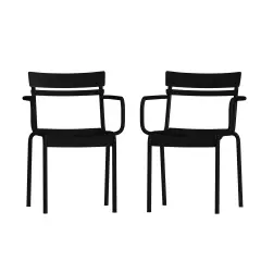 Emma and Oliver Rennes Powder Coated Steel Stacking Dining Chair with Arms and 2 Slat Back for Indoor-Outdoor Use Black