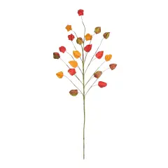 30" Artificial Floral Pick Chinese Lantern Stem Pick Featuring Yellow Red and Green Leaves