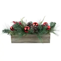 Northlight Mixed Pine and Red Ornaments Artificial Christmas Arrangement in Wood Planter - 24" Green